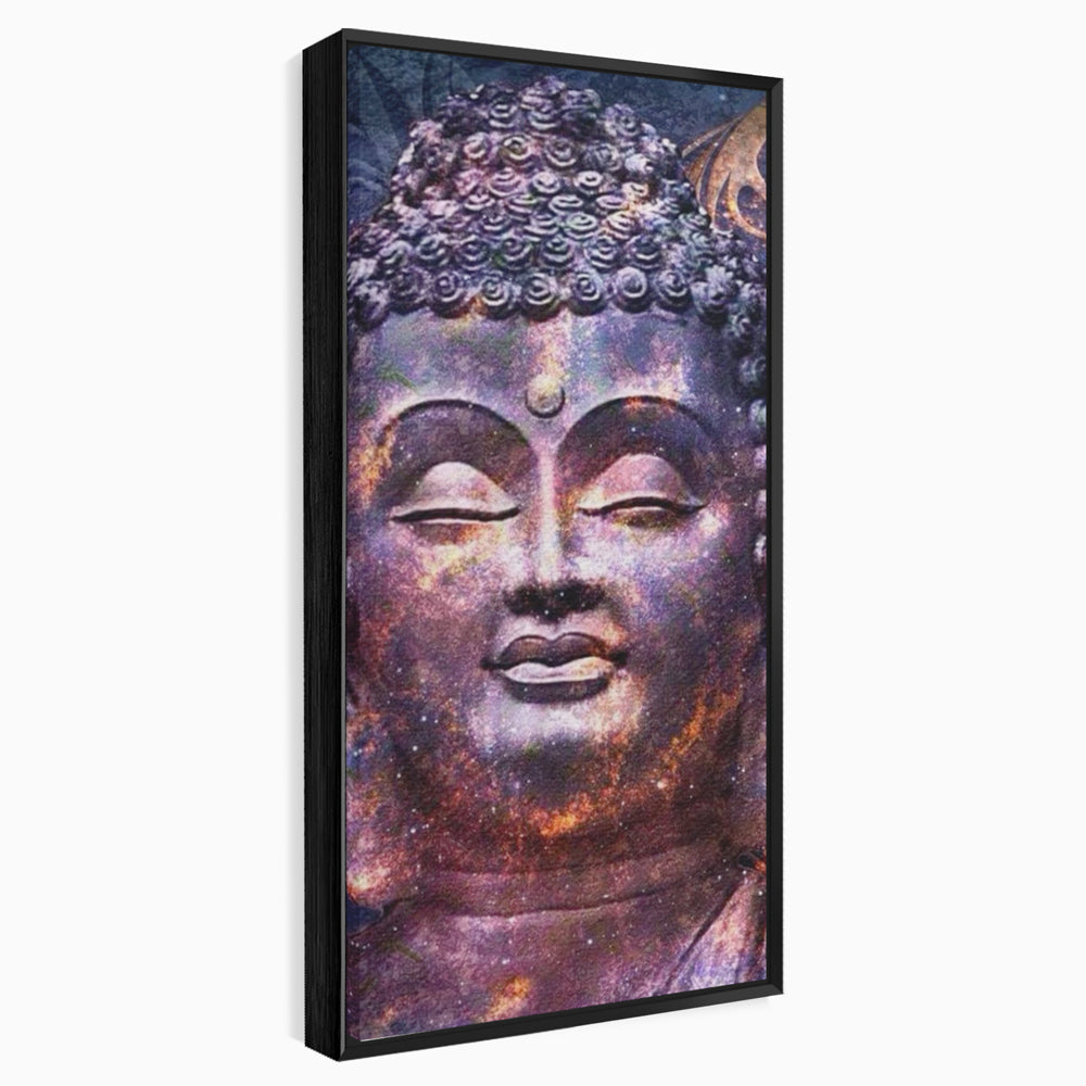 Tablou canvas cu tablou canvas cu capul lui buddha si universul, in rama de aluminiu negru